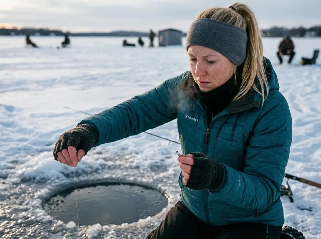Nearly invisible fluorocarbon leader held against clear cold water at an ice hole