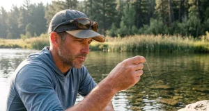 Why Fluorocarbon Isn’t as Invisible as You Think Angler holding clear fluorocarbon line up to gin-clear water to check its visibility