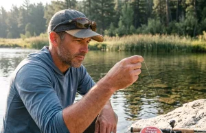 Why Fluorocarbon Isn’t as Invisible as You Think Angler holding clear fluorocarbon line up to gin-clear water to check its visibility