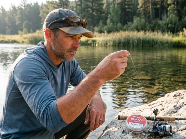 fluorocarbon-visibility-clear-water-angler Angler holding clear fluorocarbon line up to gin-clear water to check its visibility