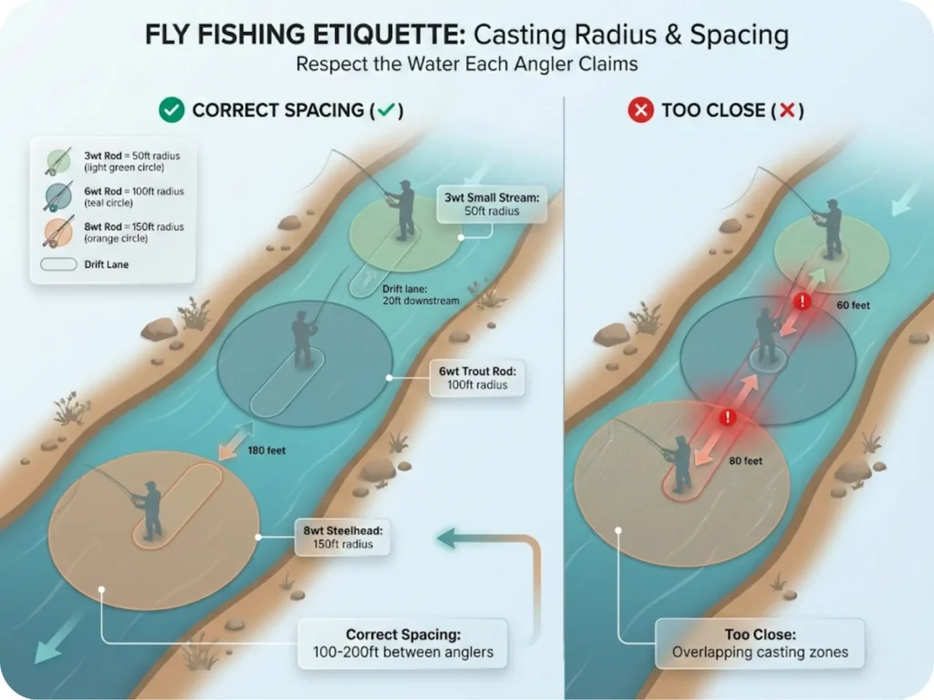 Top-down river diagram showing three fly anglers with color-coded casting radius circles by rod weight (3wt, 6wt, 8wt) and drift lanes, comparing correct spacing versus too-close scenarios.