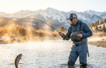 Fly Fishing Colorado: The 12 Trout Streams Locals Actually Fish Fly angler fighting trout in Colorado mountain river at sunrise with snow-capped peaks