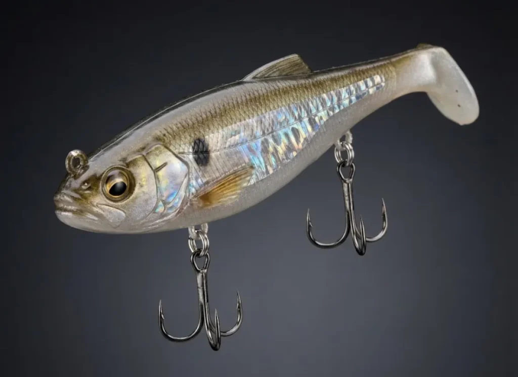 Macro close-up of a Megabass Magdraft swimbait featuring realistic shad detailing and textures.