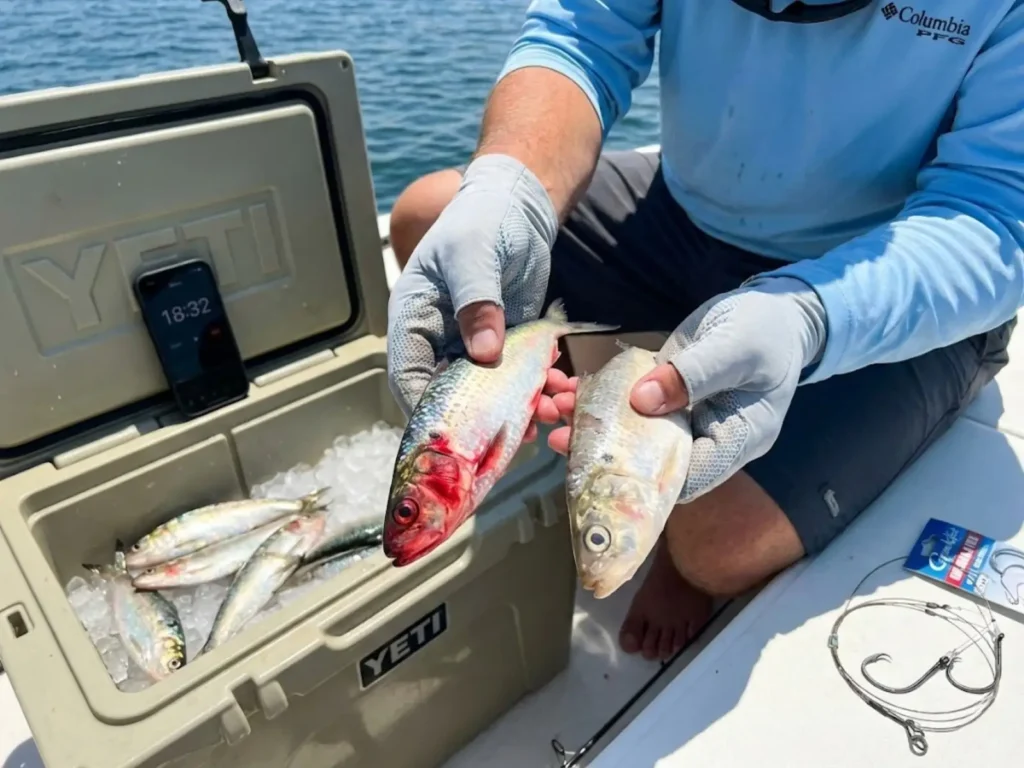 Comparing fresh cut shad versus washed-out bait after 20 minutes in warm summer water