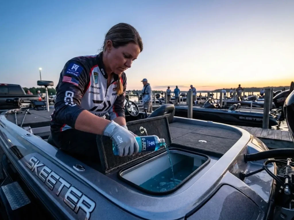 Angler adding G-Juice livewell treatment to tournament bass boat before launch