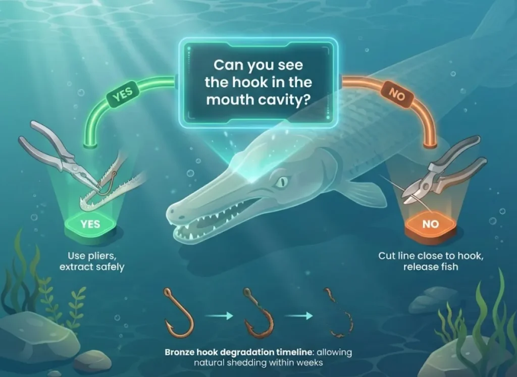 A sophisticated infographic flowchart illustrating the "Cut-and-Release Decision" for alligator gar fishing. It asks "Can you see the hook in the mouth cavity?" leading to two paths: "YES" leads to "Use pliers, extract safely," and "NO" leads to "Cut line close to hook, release fish." Below, a timeline shows a bronze hook dissolving over weeks.
