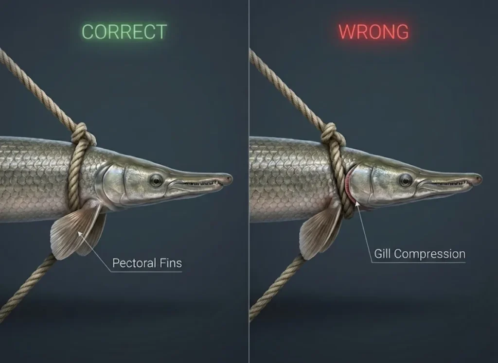 A side-by-side educational illustration comparing alligator gar snare techniques. The left side shows the correct placement behind the pectoral fins with uncompressed gills; the right side shows the incorrect placement in front of the fins, crushing the gills.