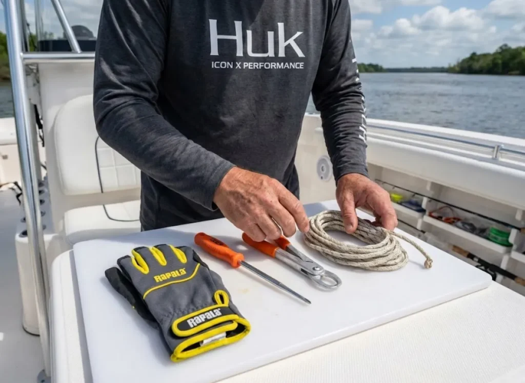 Experienced angler organizing essential gar handling gear including gloves and pliers on fishing boat