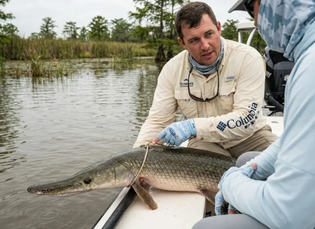Experienced angler demonstrating correct snare position behind gar pectoral fins to prevent mistakes