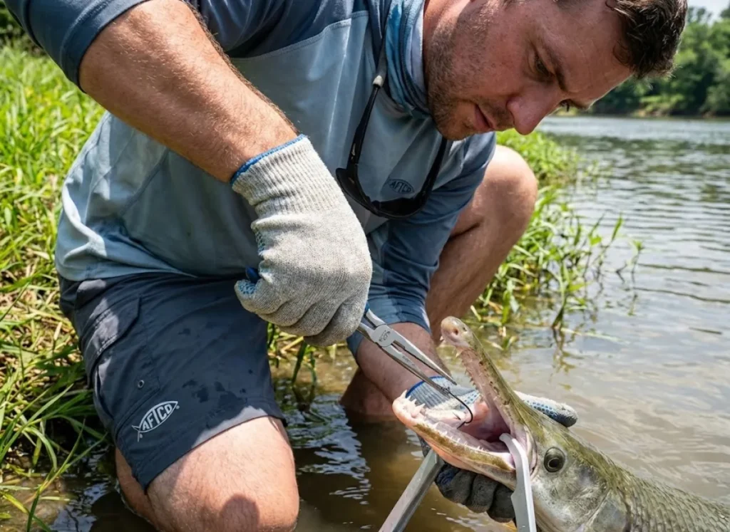 Angler using Cuda titanium pliers to safely remove hook from gar mouth with jaw spreader