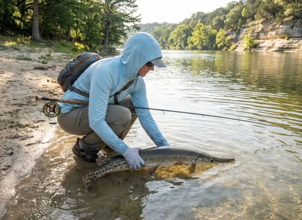 Female angler releasing alligator gar from shore landing area into Texas Hill Country river