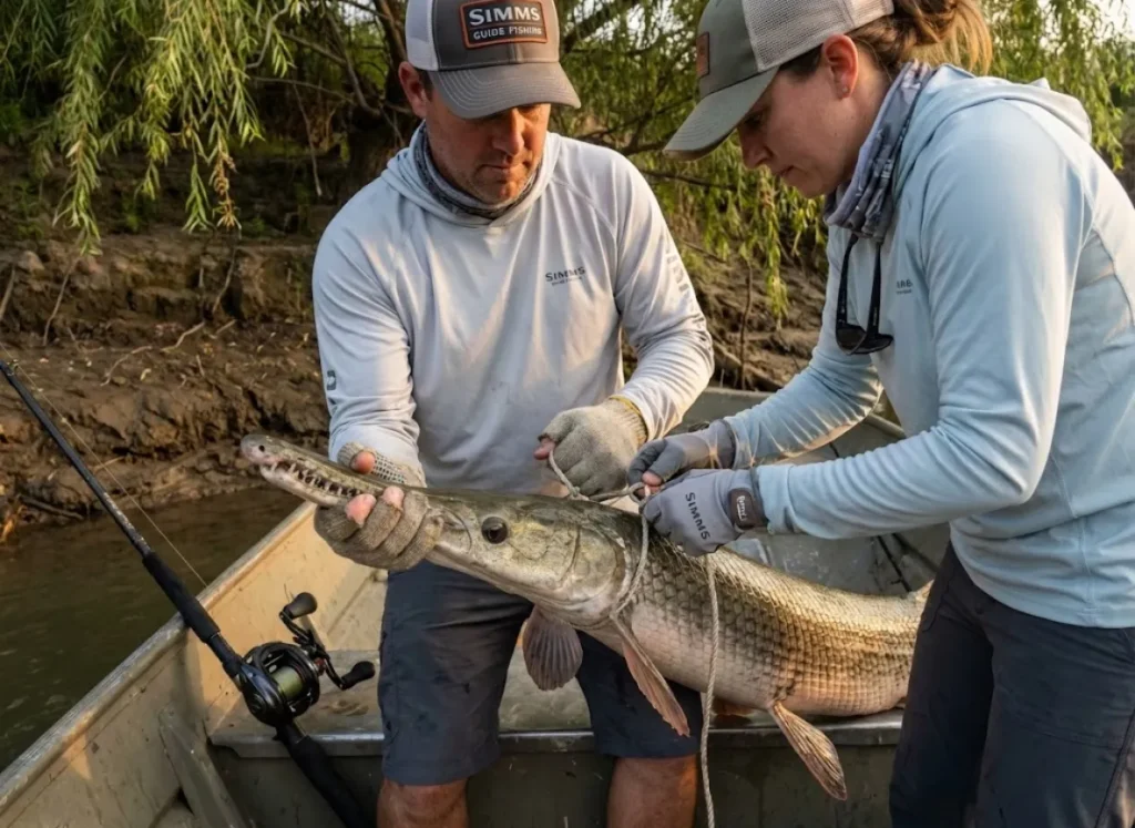 Two anglers demonstrating proper gar snare technique with rope positioned behind pectoral fins