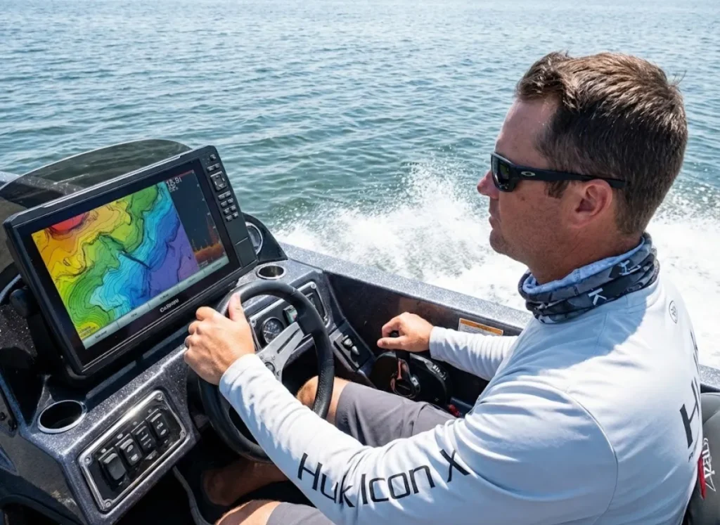 Bass boat angler checking Garmin fish finder relief shading map while running to fishing spot