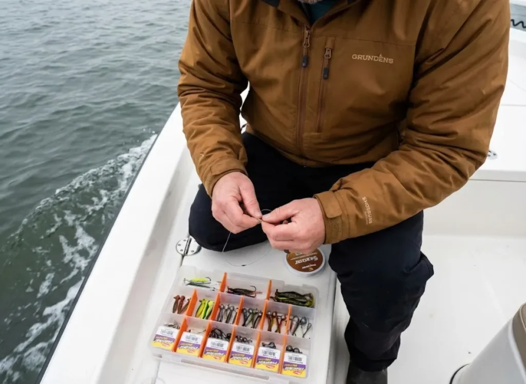 Angler selecting jig weights for tidal current on boat deck with Seaguar leader