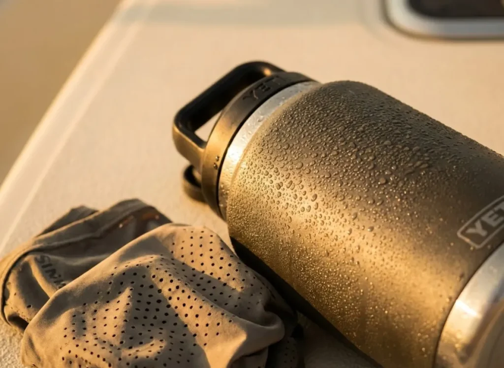 Macro detail shot of a Yeti water jug with condensation and a ventilated sun gaiter, highlighting the equipment needed for hydration and sun protection.