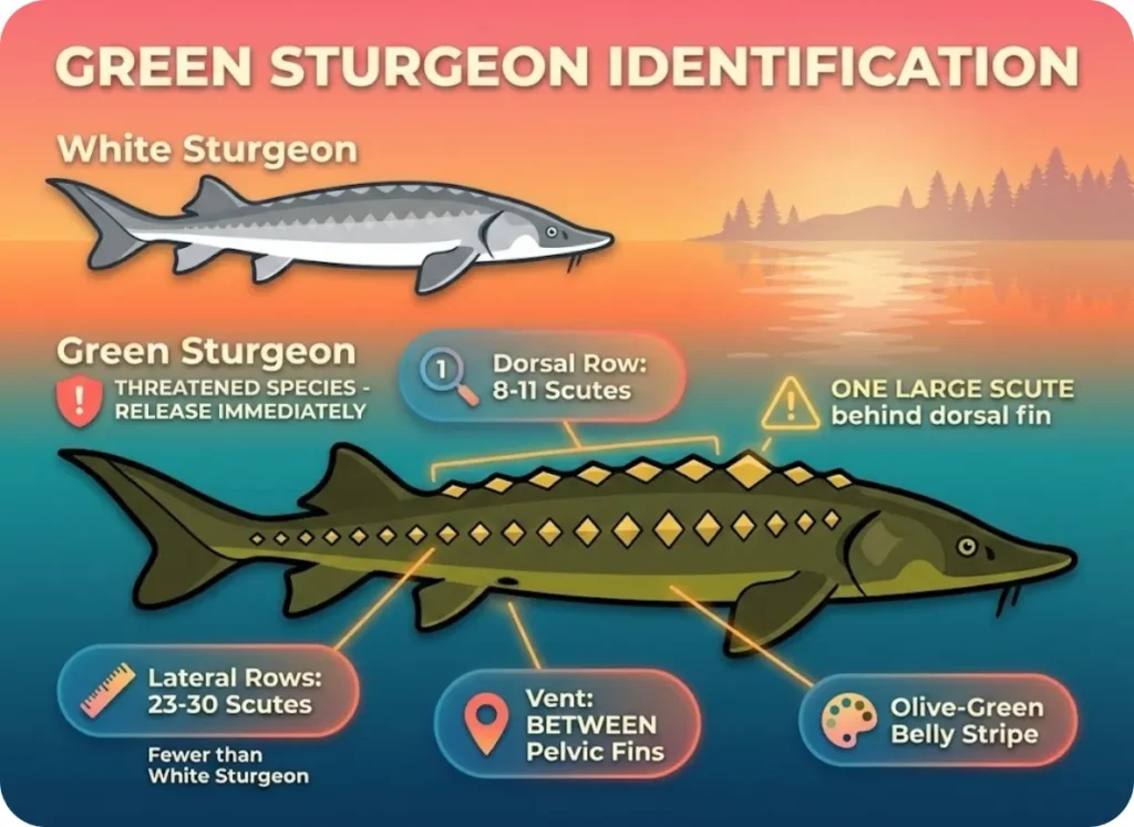 A side-by-side anatomical comparison infographic of Green Sturgeon versus White Sturgeon, highlighting key identification features like scute counts, vent placement, and dorsal fin details against a sunset water background.