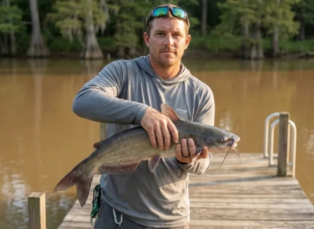 handling-catfish-spines-crucifix-grip Angler demonstrating proper catfish handling grip behind spines on a river dock