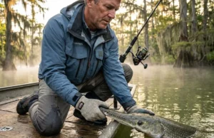 Hooked an Alligator Gar? Here’s How to Handle It Safely Angler safely handling alligator gar snout with protective gloves on Texas bayou boat