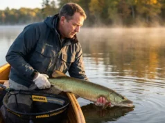 How to Handle Pike and Musky Without Getting Shredded Angler demonstrating proper horizontal musky handling technique at boatside on northern lake