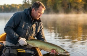 How to Handle Pike and Musky Without Getting Shredded Angler demonstrating proper horizontal musky handling technique at boatside on northern lake