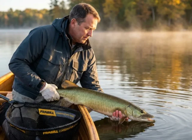 handling-pike-musky-horizontal-technique Angler demonstrating proper horizontal musky handling technique at boatside on northern lake