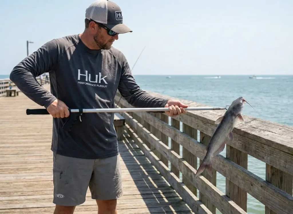 Saltwater angler using dehooker tool to handle dangerous hardhead catfish on pier