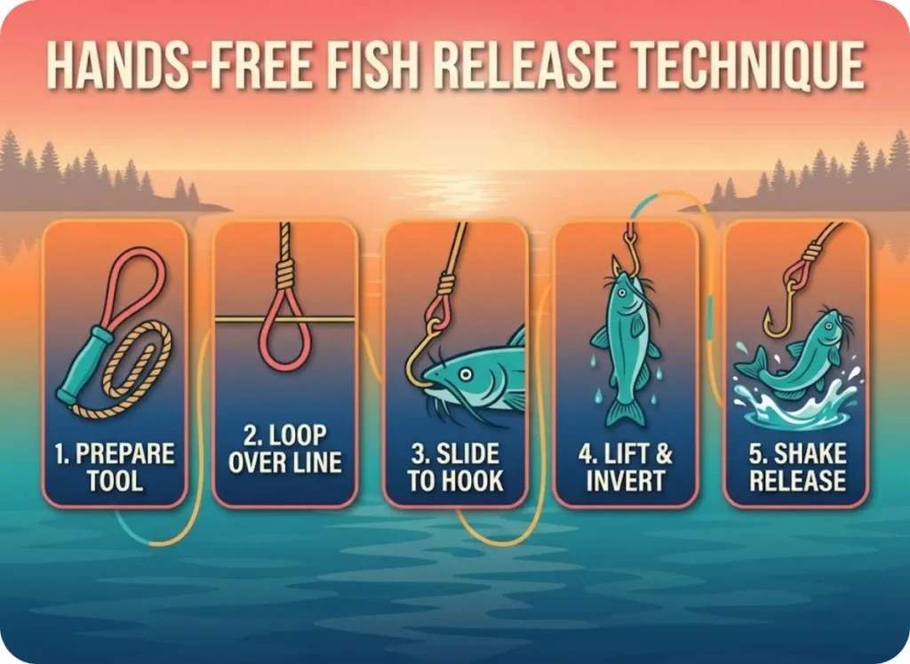 A 5-step illustrated infographic showing how to safely release a Hardhead catfish using a rope tool without touching the spines. The sequence moves from preparation to the final shake release against a sunset lake background.