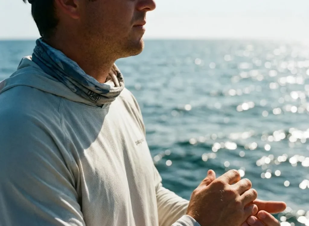 Close-up profile of an angler showing sunlight hitting from above and reflecting from the water below, illustrating the dual-source radiation risk.