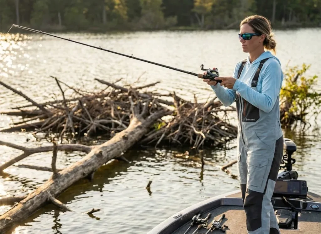 Bass angler pitching weedless rig with high rod angle into laydown timber cover