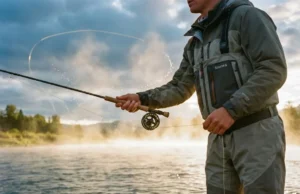 Hit the Target Every Time You Cast A professional angler in pristine Simms gear executing a perfect cast on a misty river at sunrise, highlighting the tight line loop and loaded rod.