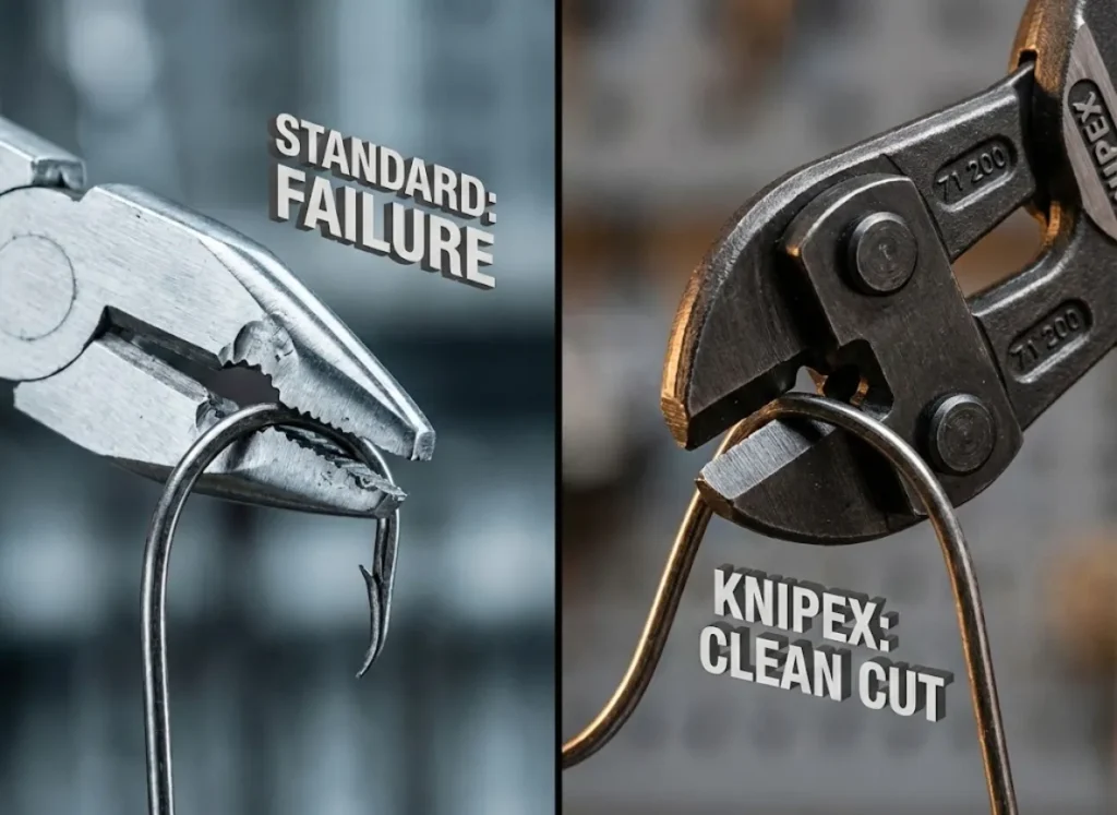 A side-by-side macro photography comparison showing a standard plier blade chipped and damaged by a fishing hook, contrasted with a Knipex CoBolt cutter slicing cleanly through a thick hook.