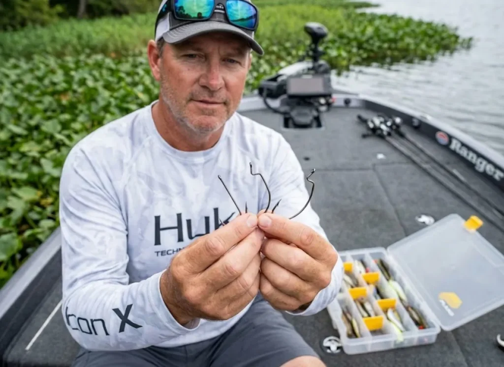 Fishing guide comparing EWG, offset, and straight shank hook geometries for weedless rigging