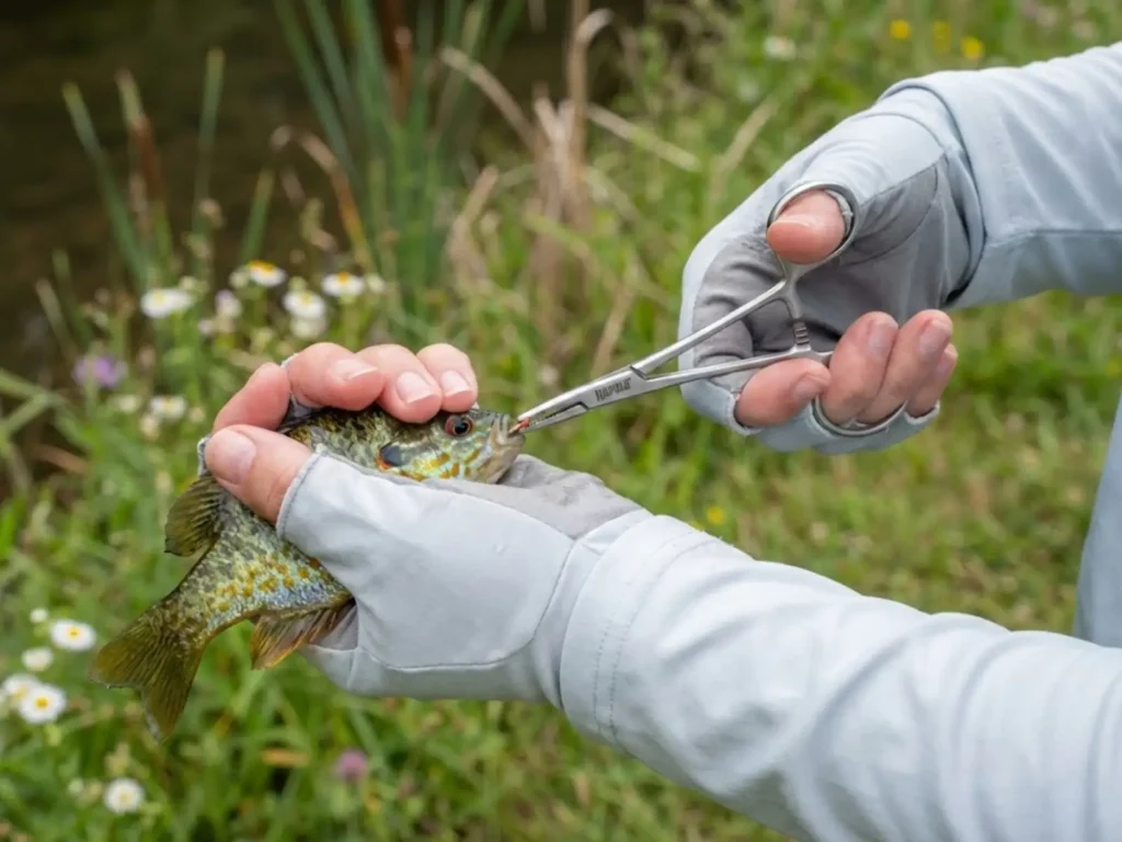 Using hemostats to remove hook from panfish lip with push-backwards technique
