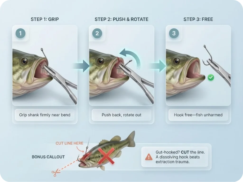 Three-step infographic showing proper hook removal technique: pliers gripping shank, push-back rotation motion, and hook freed cleanly, plus a gut-hook diagram indicating where to cut the line instead of extracting.