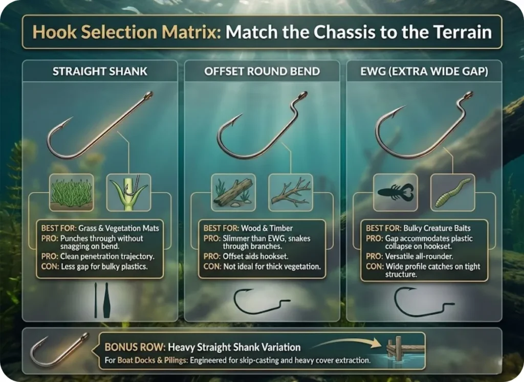 Hook selection matrix infographic comparing straight shank, offset round bend, and EWG hooks with their ideal cover matches, advantages, disadvantages, and visual profile silhouettes.