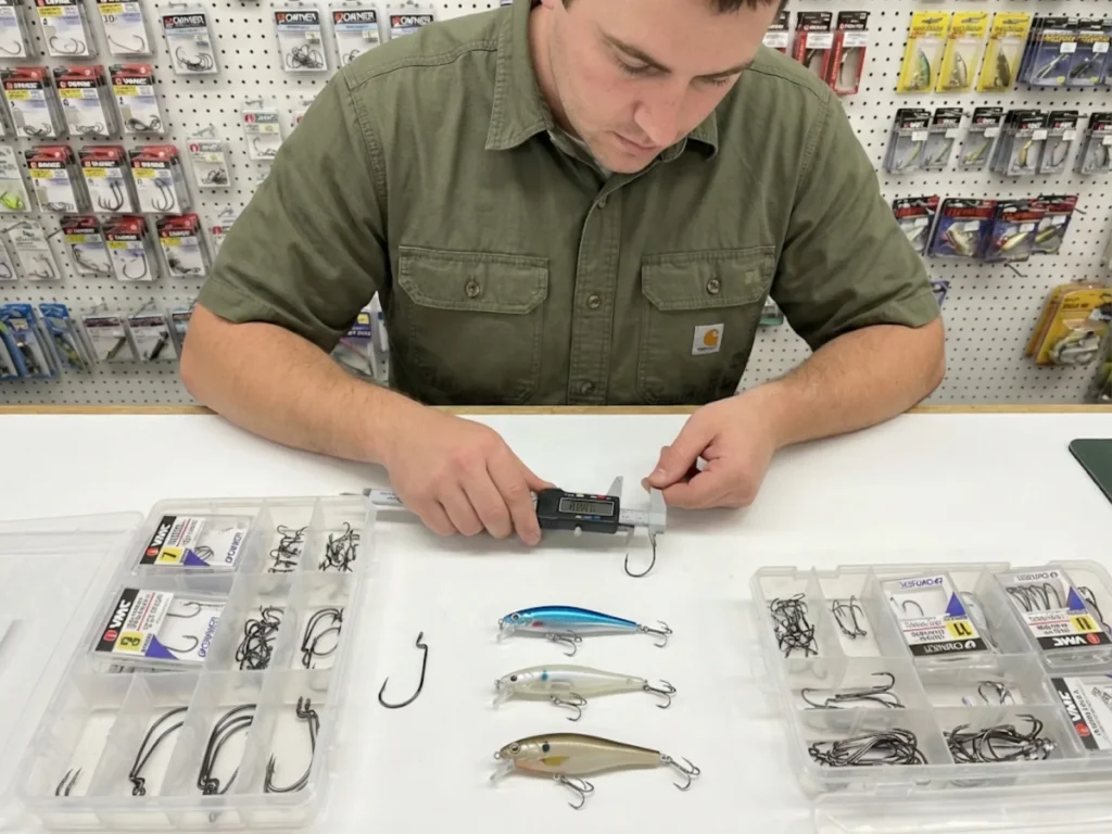 Measuring inline single hook gape width with digital caliper for accurate treble hook replacement sizing