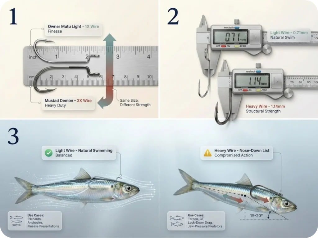 Three-panel comparison showing Owner Mutu Light versus Mustad Demon circle hooks: side-by-side size comparison on ruler, wire diameter measurement with calipers, and performance difference when rigged on Pilchards showing natural swim versus listing behavior.