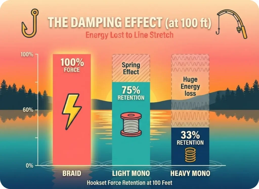 A bar chart visualization set against a sunset lake background comparing hookset force retention at 100 feet between Braided Line, Light Monofilament, and Heavy Monofilament, showing significant energy loss in heavy mono.