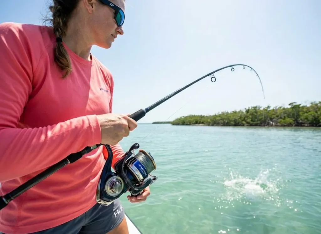 Female angler managing initial fish run with line peeling from reel on saltwater flats