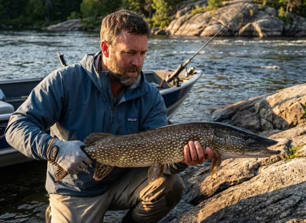 Professional guide demonstrating horizontal pike grip supporting fish belly to prevent spinal injury