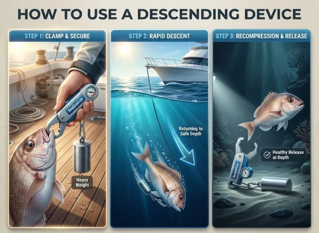 A three-panel infographic illustration titled "HOW TO USE A DESCENDING DEVICE". The left panel, "STEP 1: CLAMP," shows a SeaQualizer device attached to a fish's jaw with a weight. The middle panel, "STEP 2: DESCEND," shows the fish and weight being lowered into deep water. The right panel, "STEP 3: RELEASE," shows the fish healthy at depth as the device opens and lets go.
