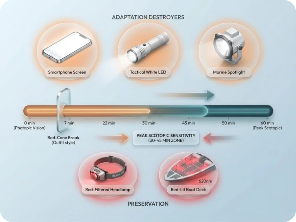 Educational infographic showing the human dark adaptation timeline, illustrating the transition from photopic to scotopic vision over 45 minutes and specific fishing-related light disruptions.