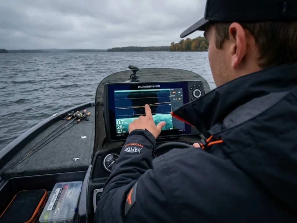 Angler pointing at thermocline line on humminbird apex sonar screen