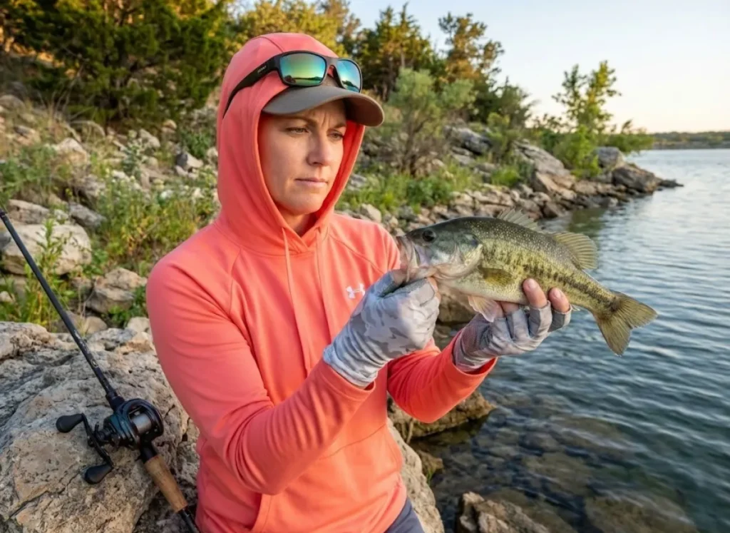 Angler examining ambiguous bass features demonstrating hybrid identification challenges