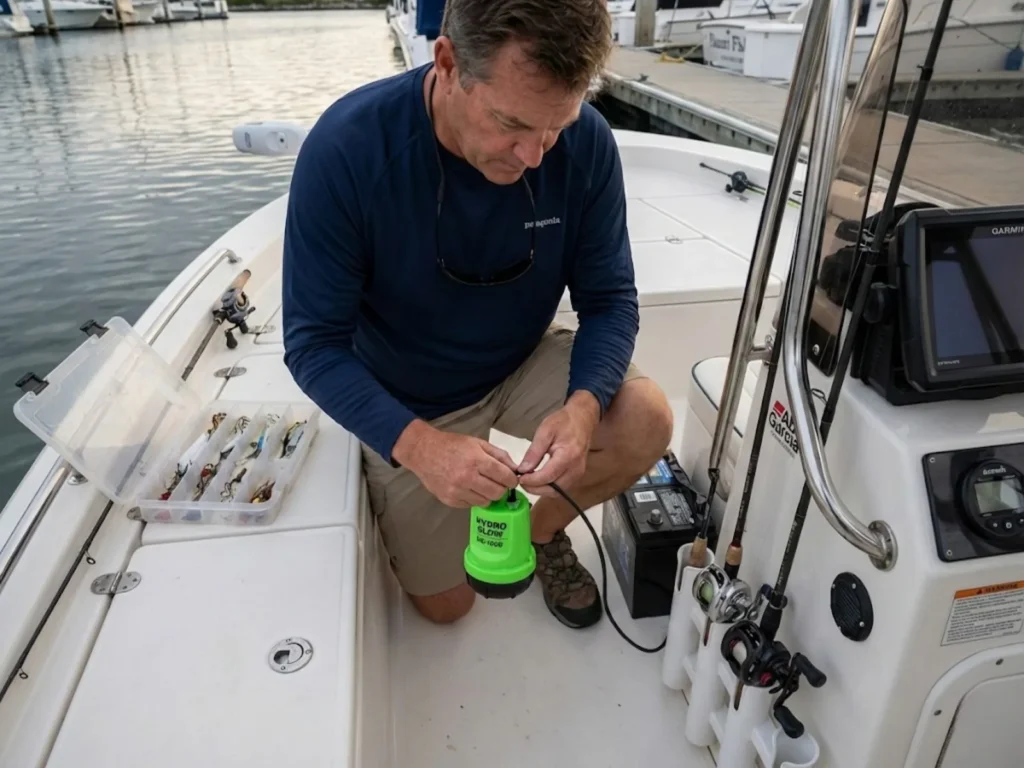 Organizing Hydro Glow submersible fishing lights and night catfishing gear before evening trip