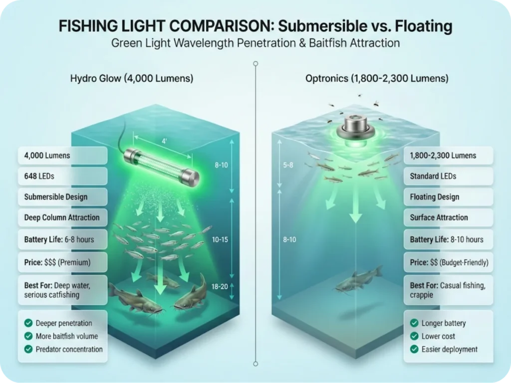 Side-by-side comparison infographic of Hydro Glow submersible fishing light (4,000 lumens) versus Optronics floating light (1,800-2,300 lumens) showing baitfish attraction depth differences.