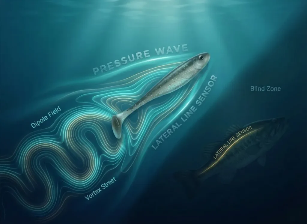 A top-down underwater scientific illustration showing a soft plastic swimbait creating visible pressure waves labeled as vortex streets, which are being detected by the glowing lateral line of a predatory fish.