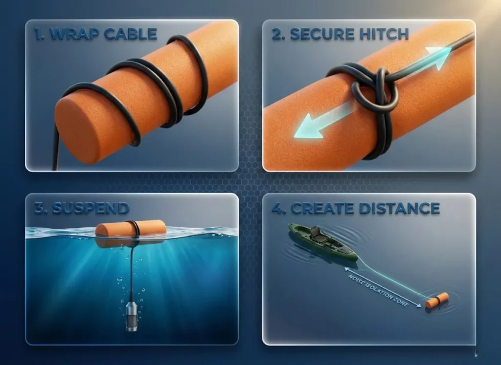 A premium 4-panel instructional 3D infographic illustrating the "Pool Noodle Method" for hydrophone deployment: wrapping the cable, securing with a clove hitch, suspending the sensor, and distancing from the hull to reduce noise.