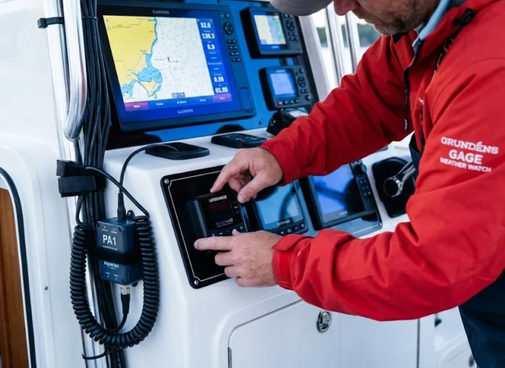 Charter captain connecting hydrophone preamp to SonicHub marine stereo on professional fishing boat helm