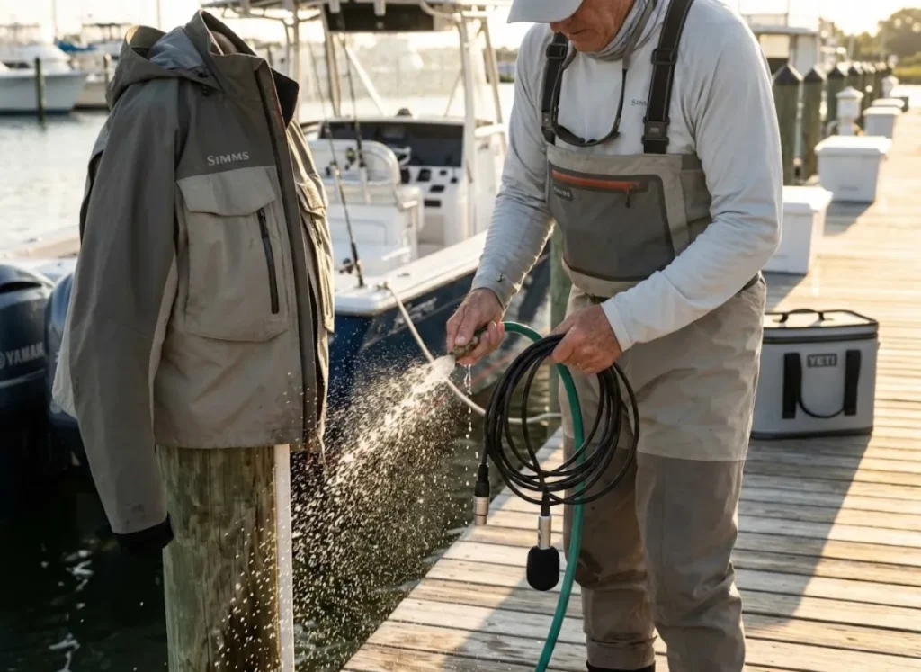 Angler rinsing hydrophone with fresh water on marina dock to prevent saltwater corrosion damage